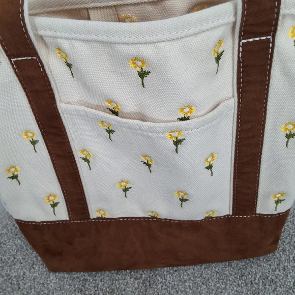 Lands' End Cream Canvas Tote with Yellow Flower Embroidery and Brown Trim - Picture 3 of 8
